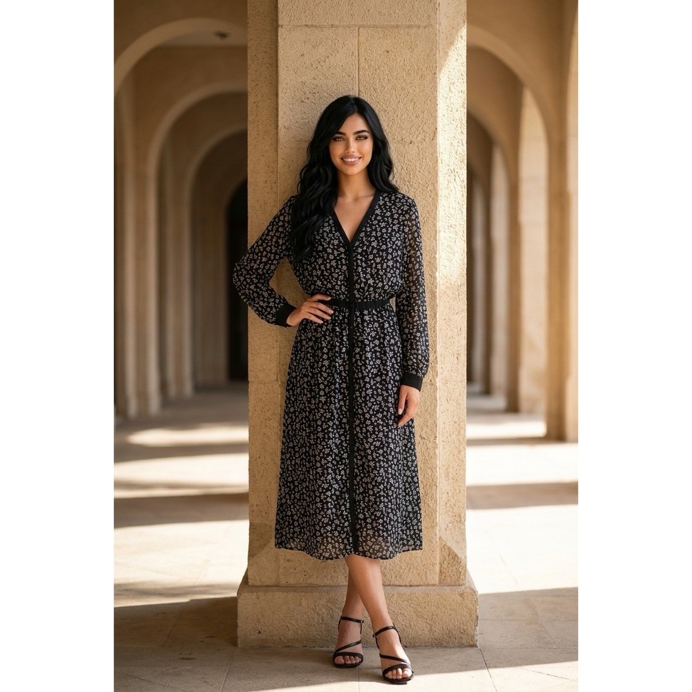 The Kooples Black Floral V-Neck Button Front Midi Dress Long Sleeve Size 1 NEW